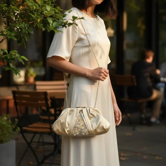 New Badgley Mischka Gold Satin Clutch w/ Pearl Flowers NWT Retail $179 - Picture 6 of 12